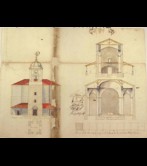 Eglise de San Bartolomé de Calegoen 'Levé de la façade de l'église et de son clocher. Levé et profil de la nef principale et de la façade du choeur. Levé et profil du transept, du presbytère, du maître-autel et des bas-côtés. Plan du clocher.'Lucas de Longa.1693