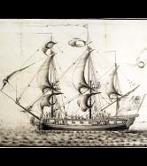 Itsasontzi baten grabatua, "Chiloe uharteak ezagutzeko bidaiaren eskuizkribuko" marrazkiaren arabera (Jose Moraleda, 1790) © Madrileko Museo Naval 